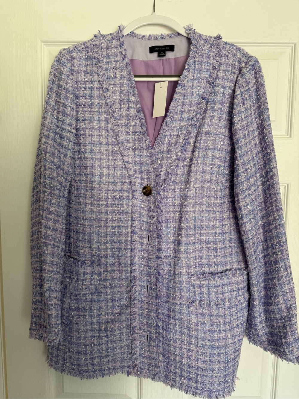 Ann Taylor Lilac Tweed Fringe Blazer